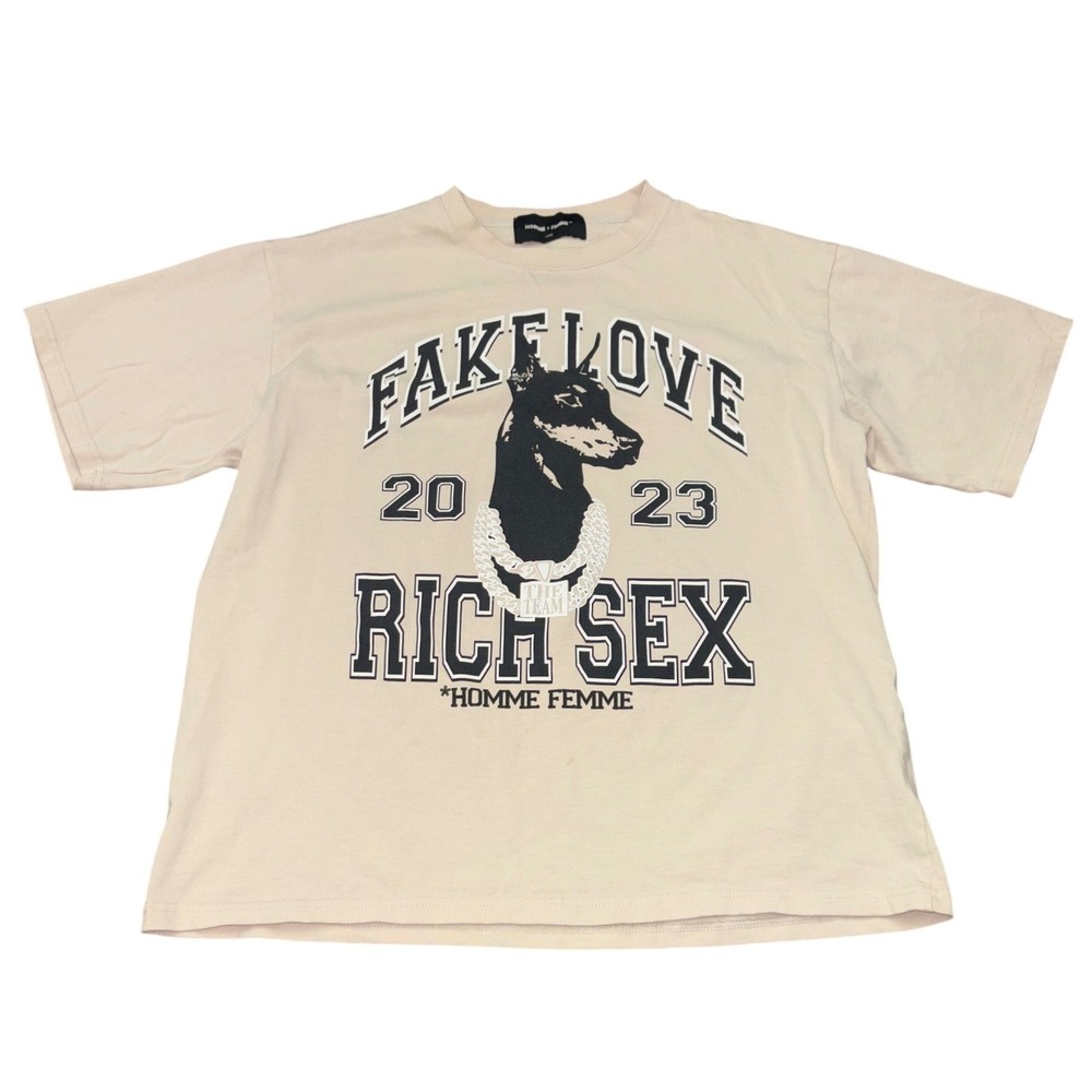 Homme + Femme Doberman Graphic T-Shirt Mens Large Cream Fake Love Tee Streetwear